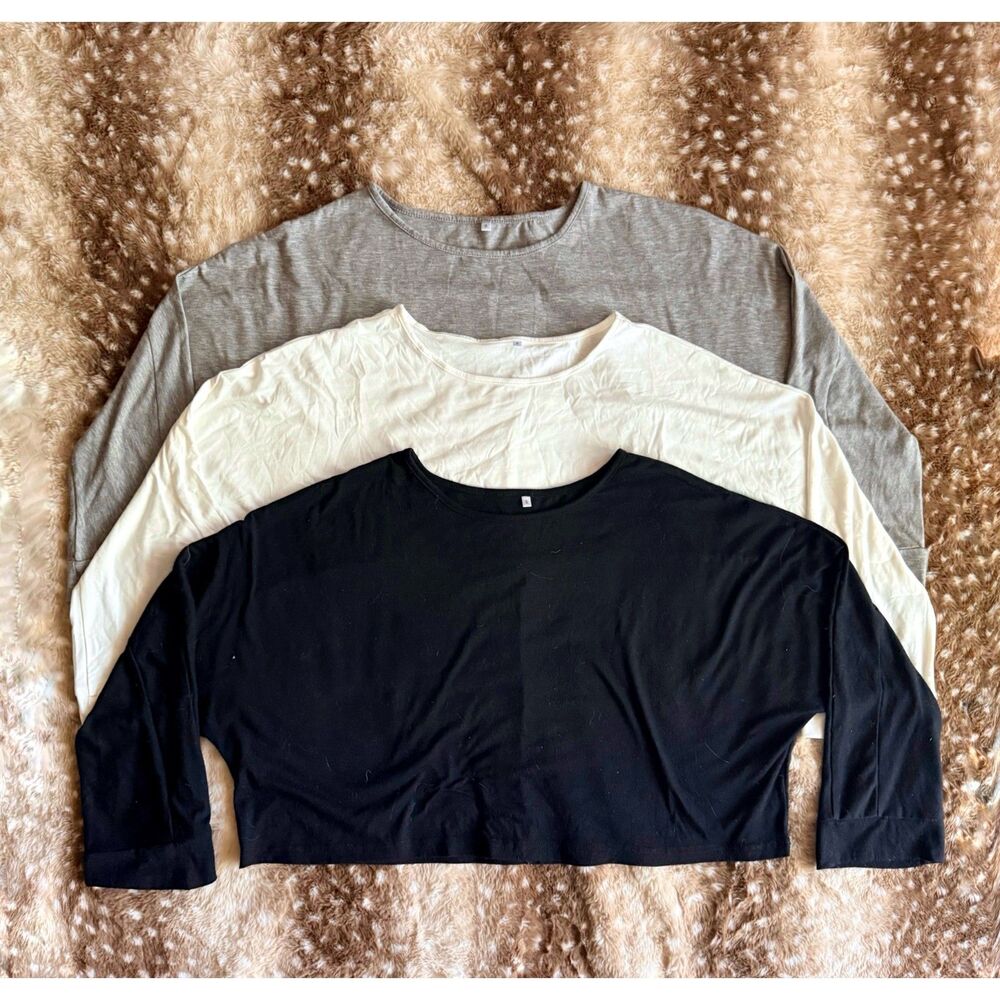 3 Pack Long Sleeve S Boatneck Crop Oversized Tee Bundle Black White Gray NWOT